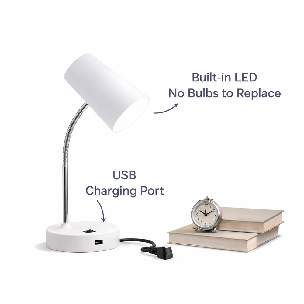 Desk Lamp with USB charging port- no bulb to replace! Black and white Available